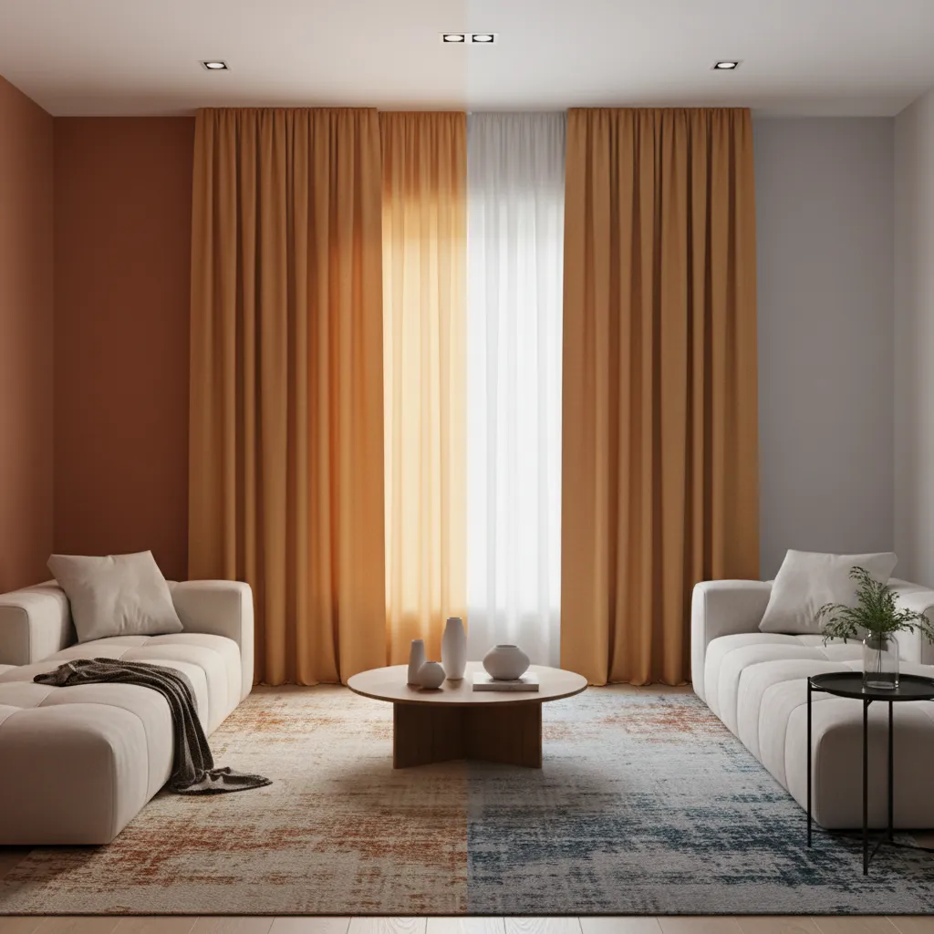 Comparison of orange curtains under warm and cool lighting in a living room