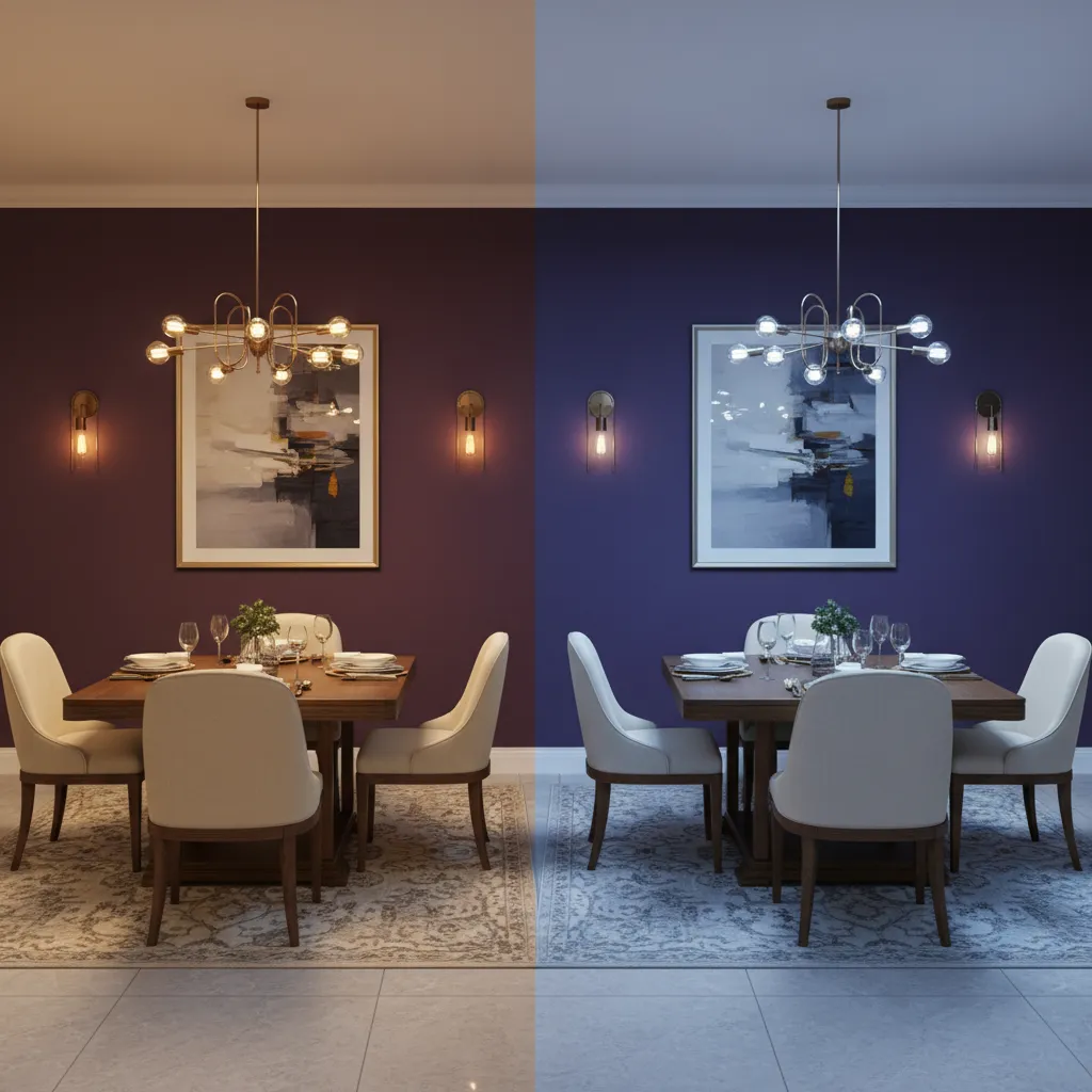 Comparison of purple wall paint under warm and cool lighting
