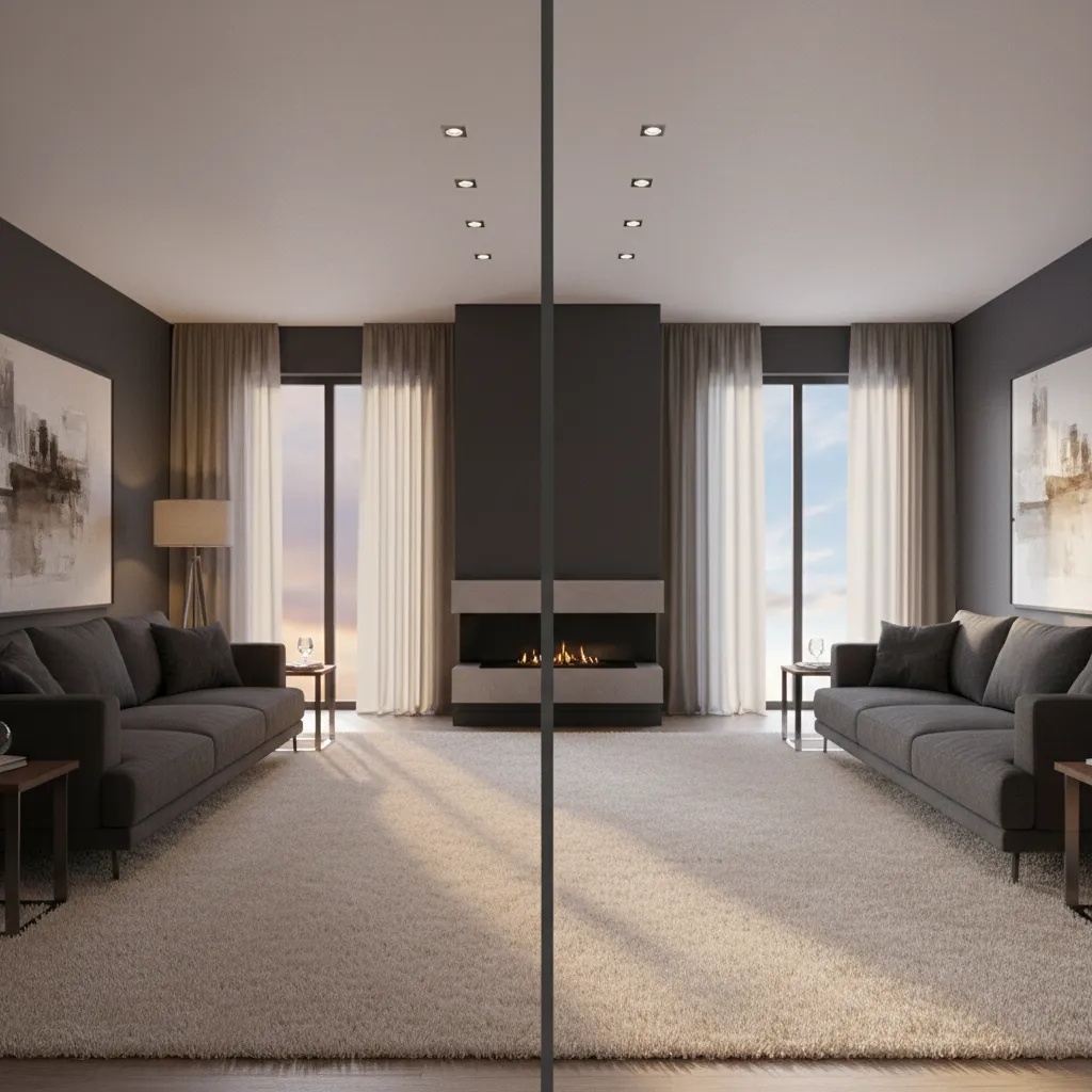 Comparison of rug colors in dark grey living room under different lighting conditions