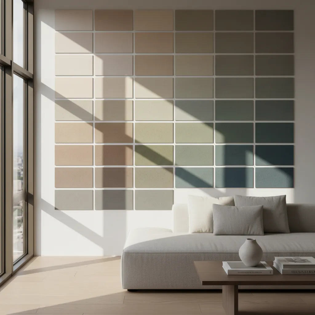 Pared con muestras de pintura mostrando cambios de color según la luz