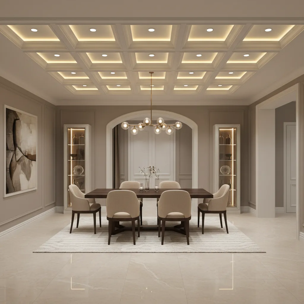 Coffered ceiling with recessed lighting highlighting ceiling panels