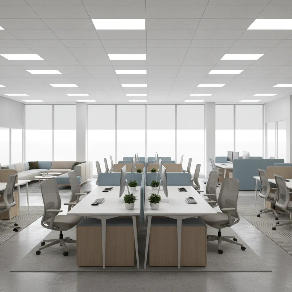 Lighting engineer analyzing office lighting design with balanced illumination