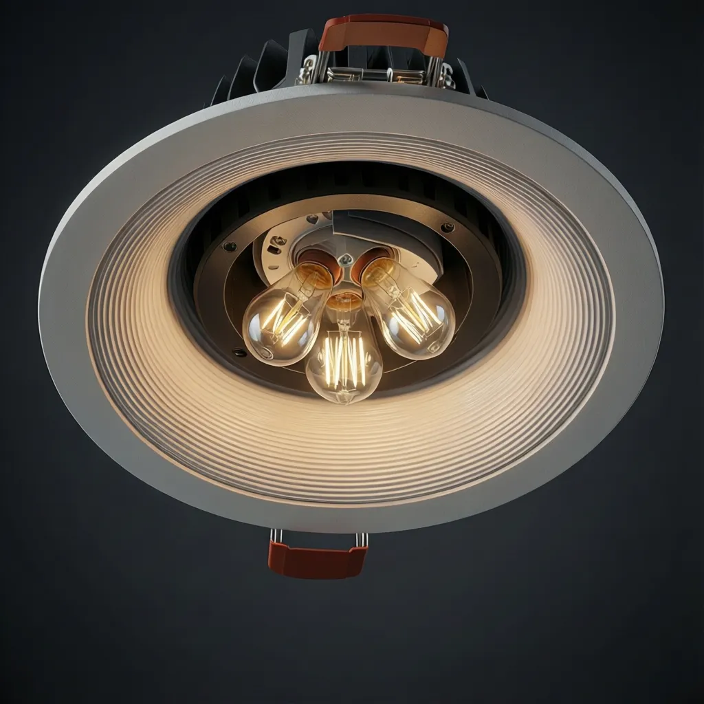 Modern white recessed ceiling light fixture with three glowing warm light bulbs against dark background
