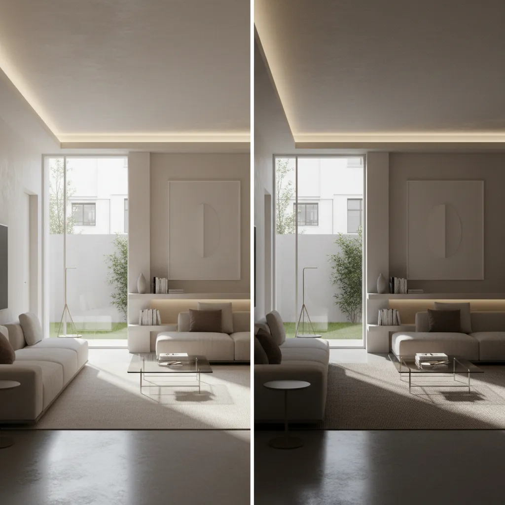 comparison showing stable vs flickering lighting in a 3D interior rendering