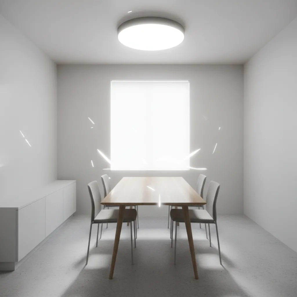 example of glare caused by excessively bright ceiling lighting in a small room