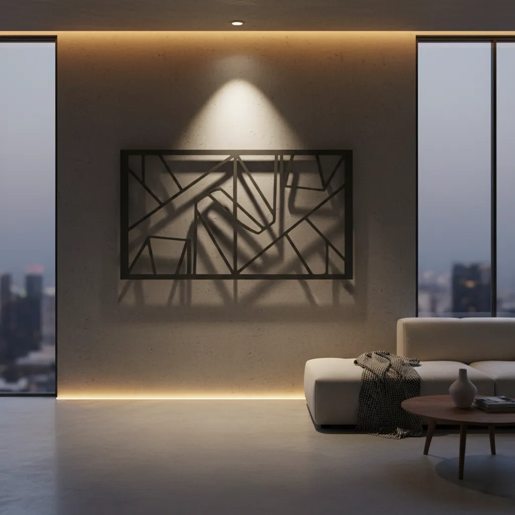 Spotlight highlighting cutout wall decor casting patterned shadows