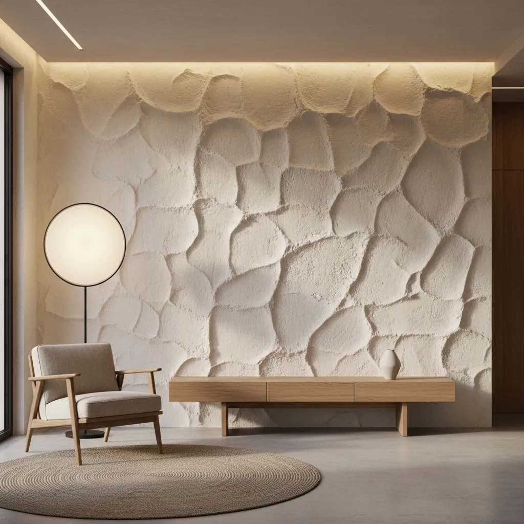 Modern room with textured stone wall wooden cabinet round floor lamp armchair and circular floor rug