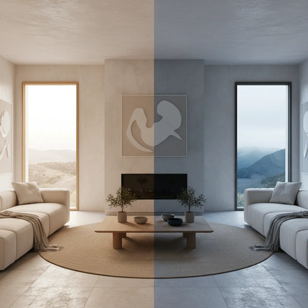 Split view showing how warm natural light and cool evening light affect living room colors