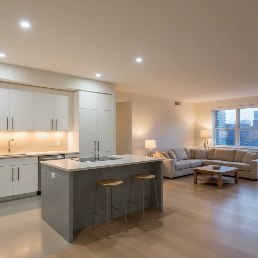 Kitchen task lighting and living room ambient lighting affecting color appearance