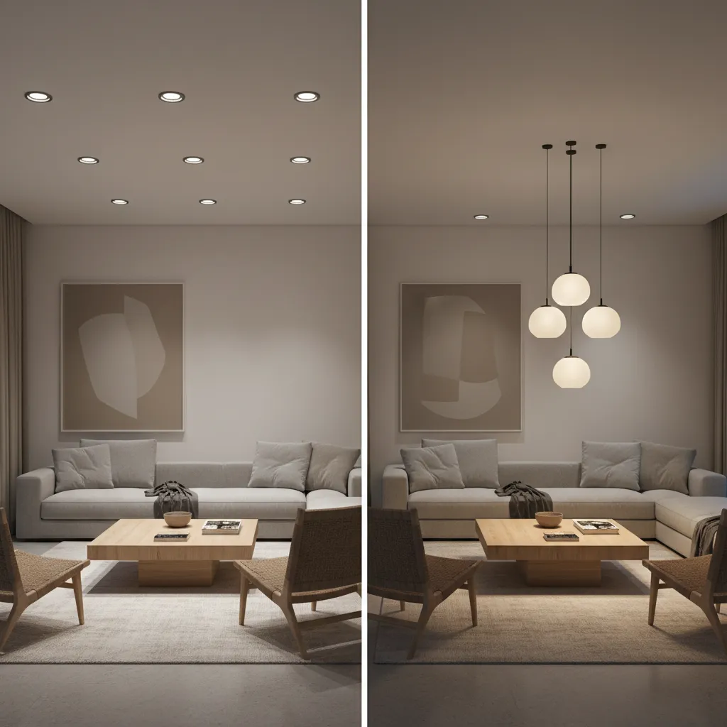 Interior lighting comparison showing recessed lighting in low ceiling and pendant lighting in standard ceiling