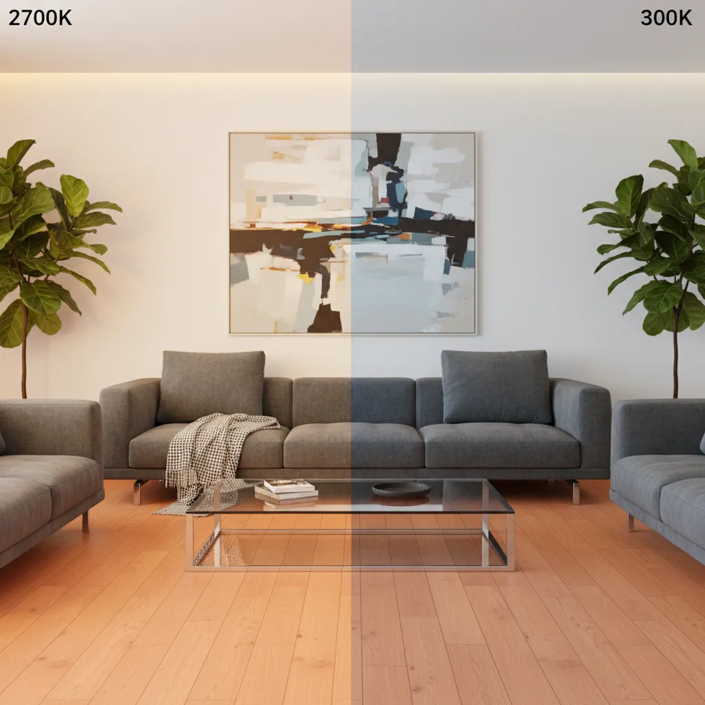 comparison living room lighting showing warm vs neutral lighting on orange wood floor