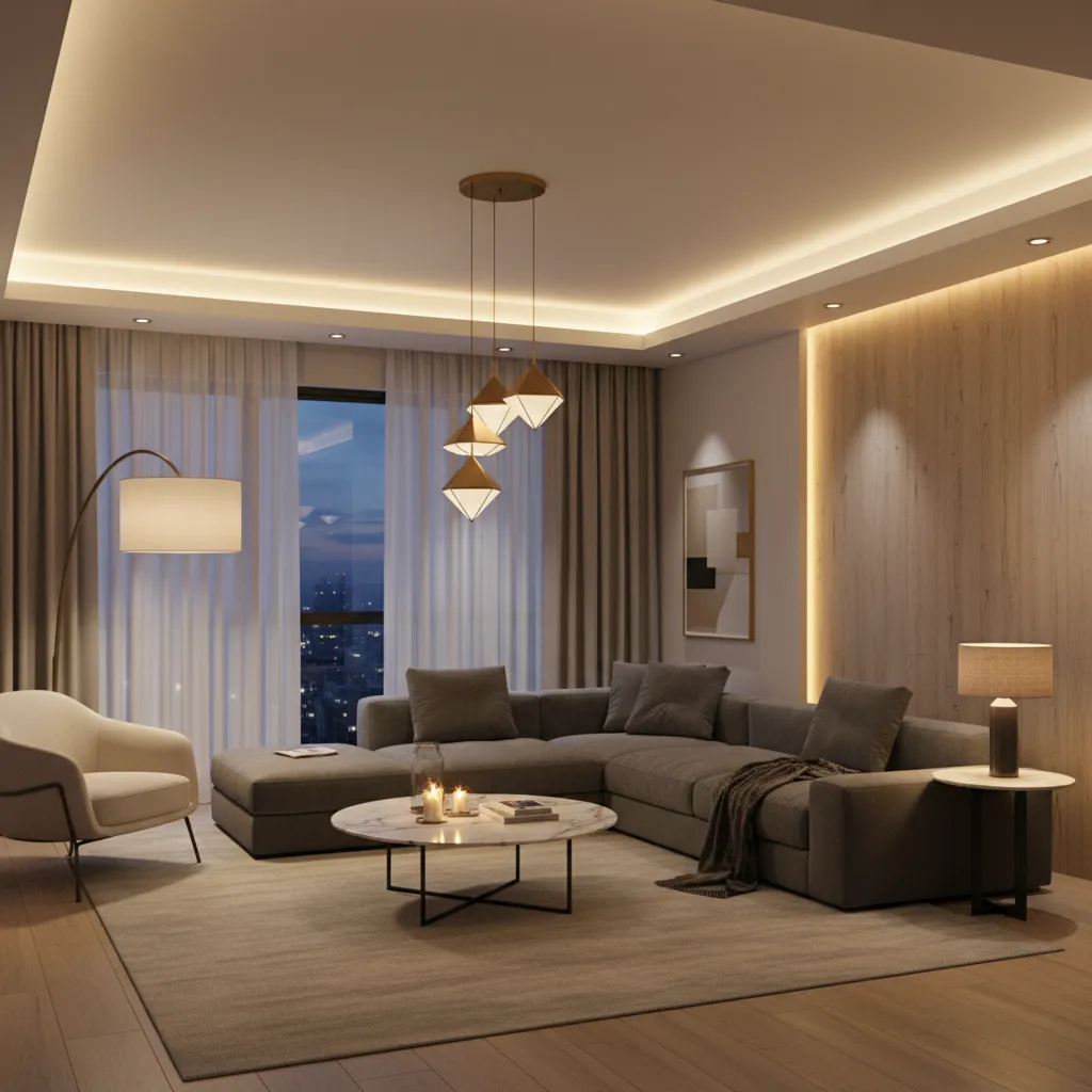 Ejemplo de iluminación interior con lámparas ambientales y luz natural