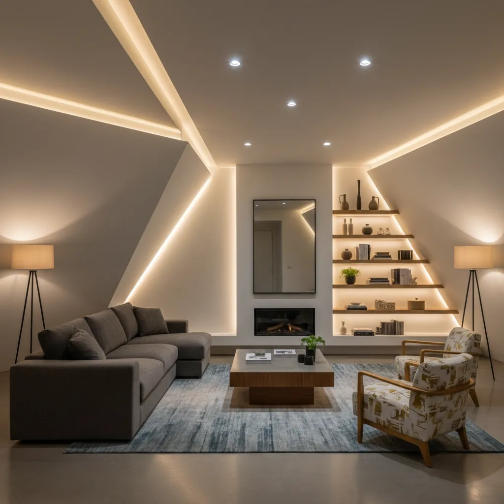 Iluminación indirecta equilibrando un salón con paredes diagonales