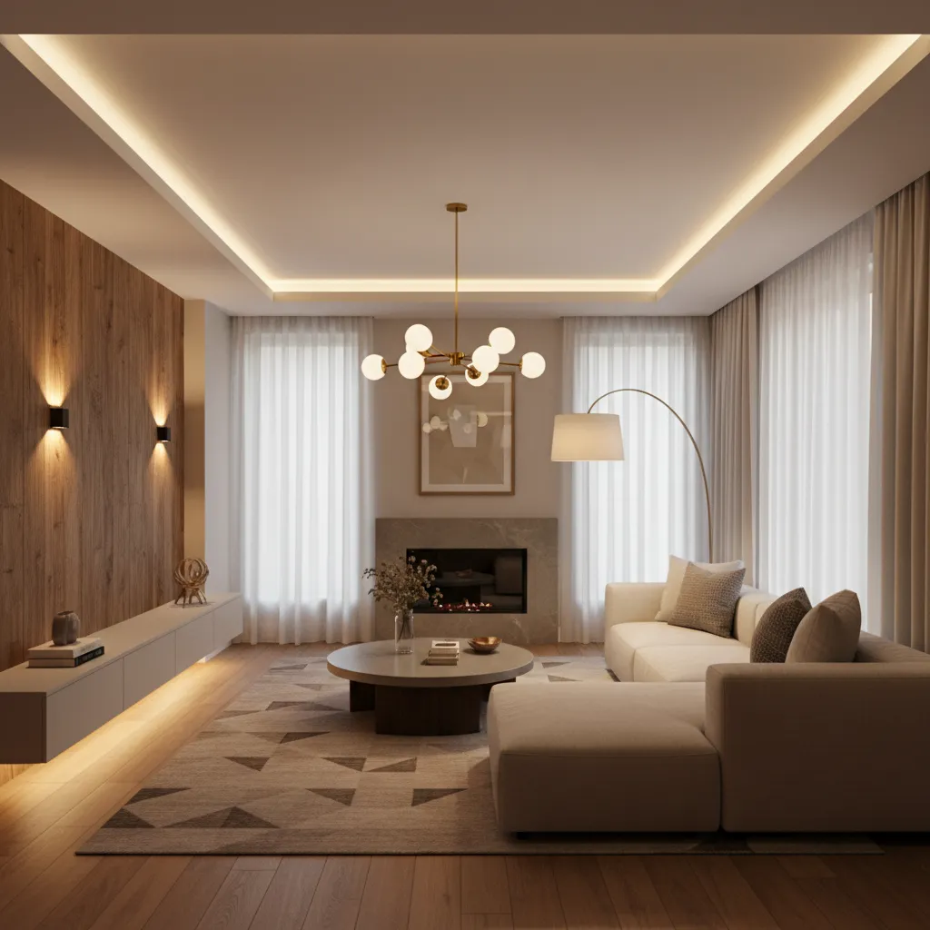 Ejemplo de iluminación en capas en un salón moderno