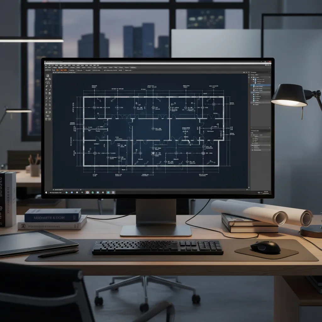 Architectural floor plan with lighting fixture layout created in CAD software