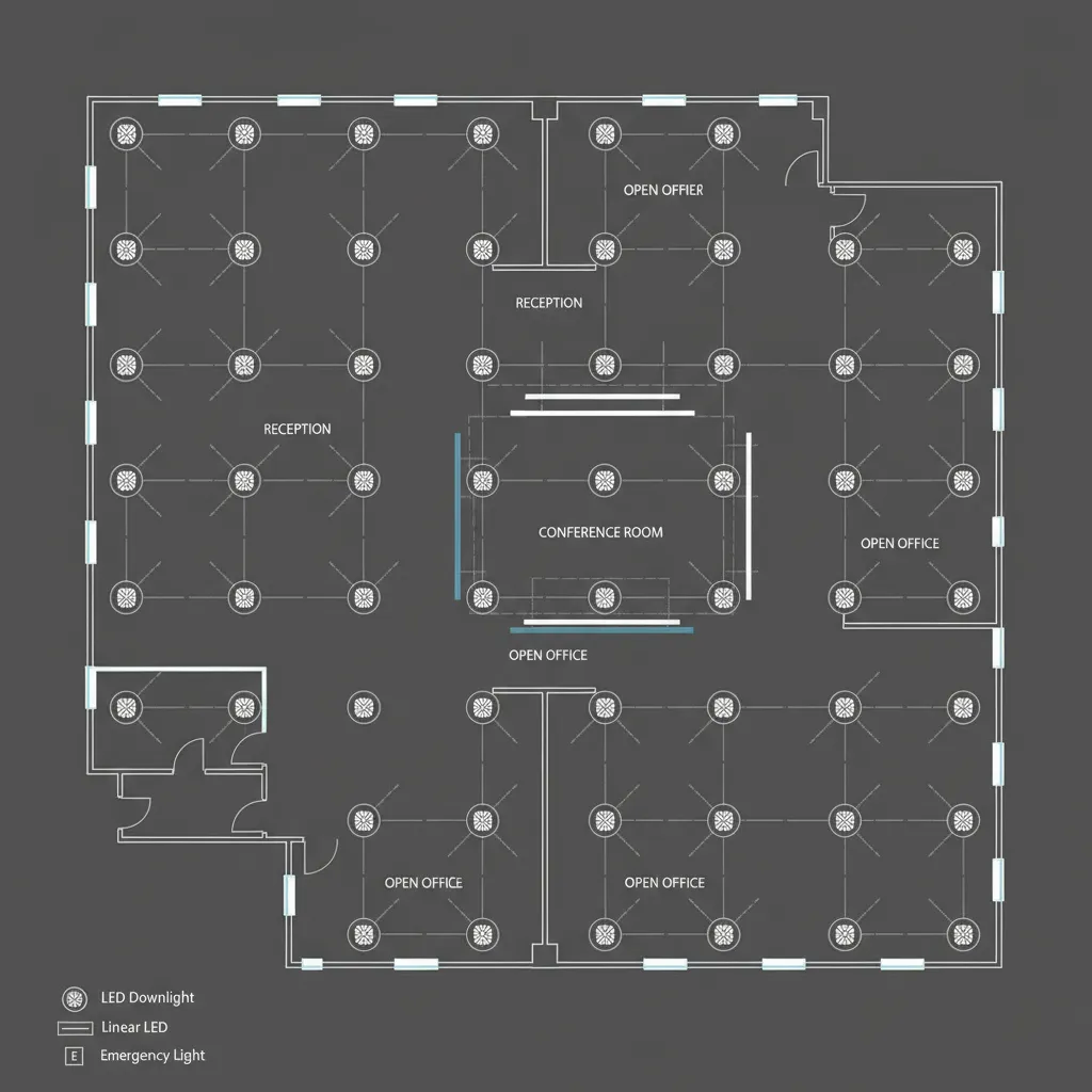 Lighting layout diagram showing grid of LED fixtures across a commercial floor plan