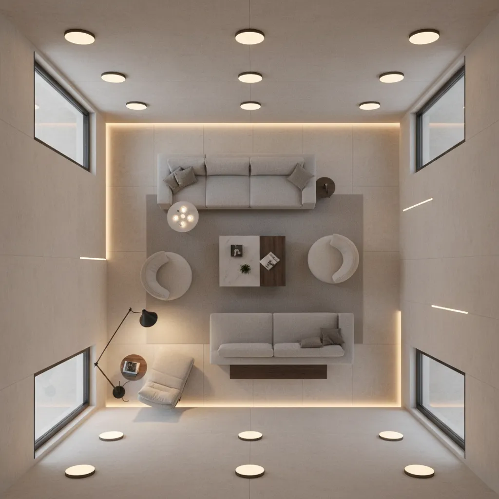room layout showing lighting zones and fixture placement in a living space