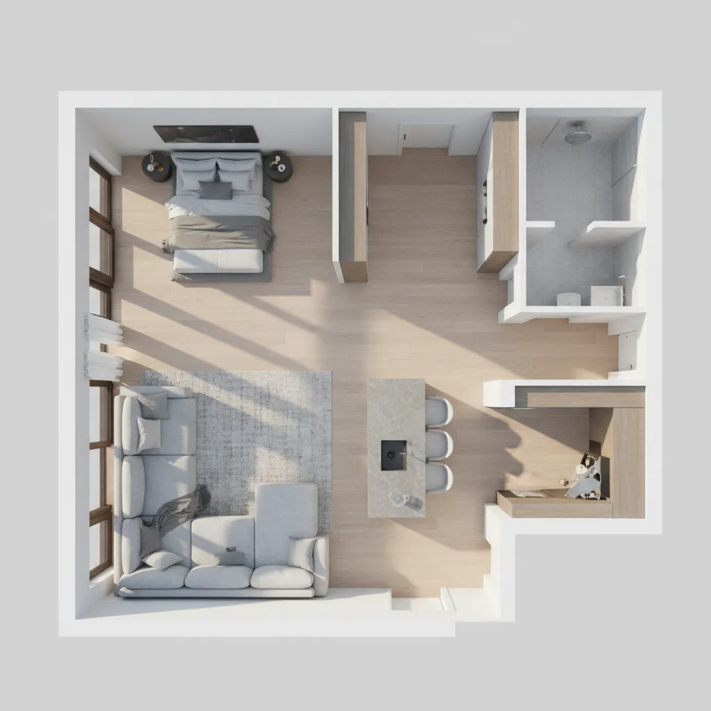 realistic 3D floor plan render with natural lighting and material textures