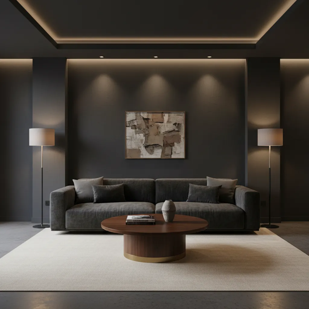 Living room with dark walls illuminated by layered lighting and floor lamps