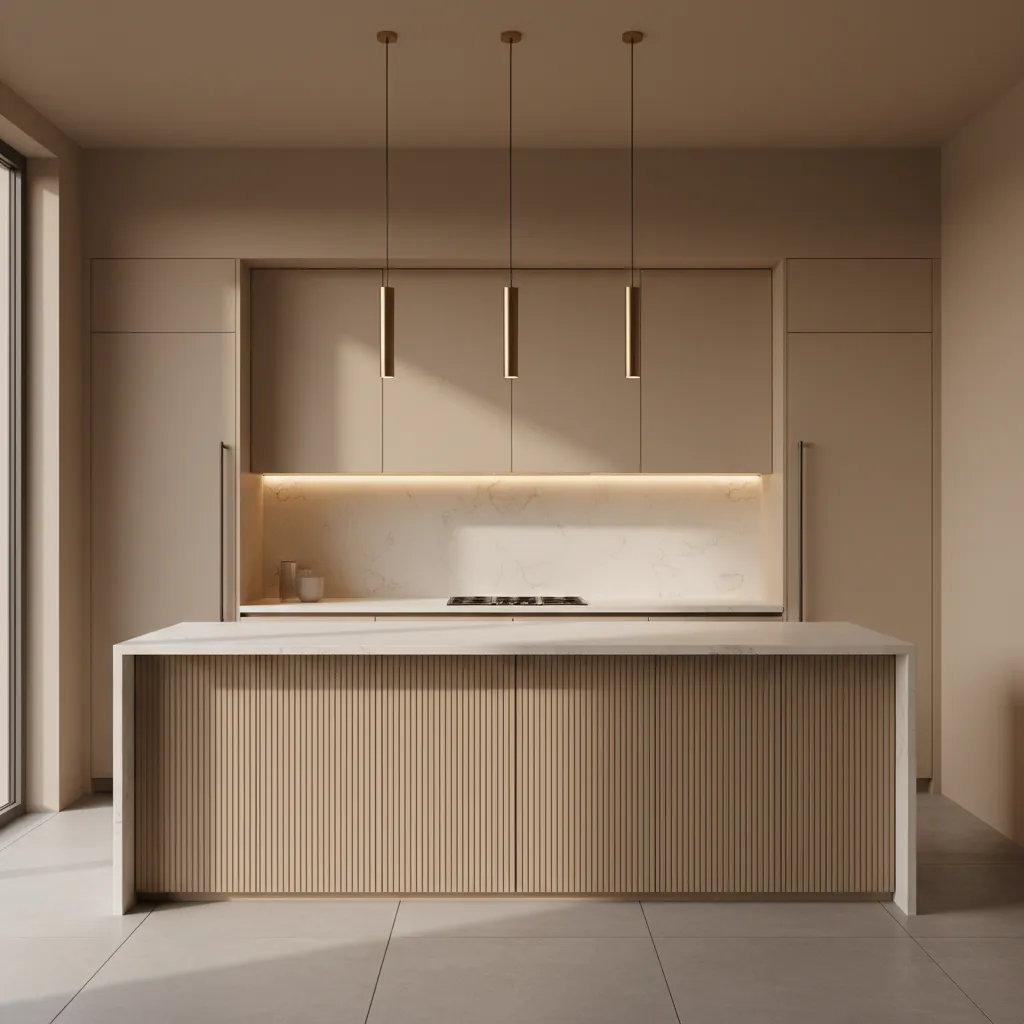 Under cabinet lighting highlighting fluted cabinet texture
