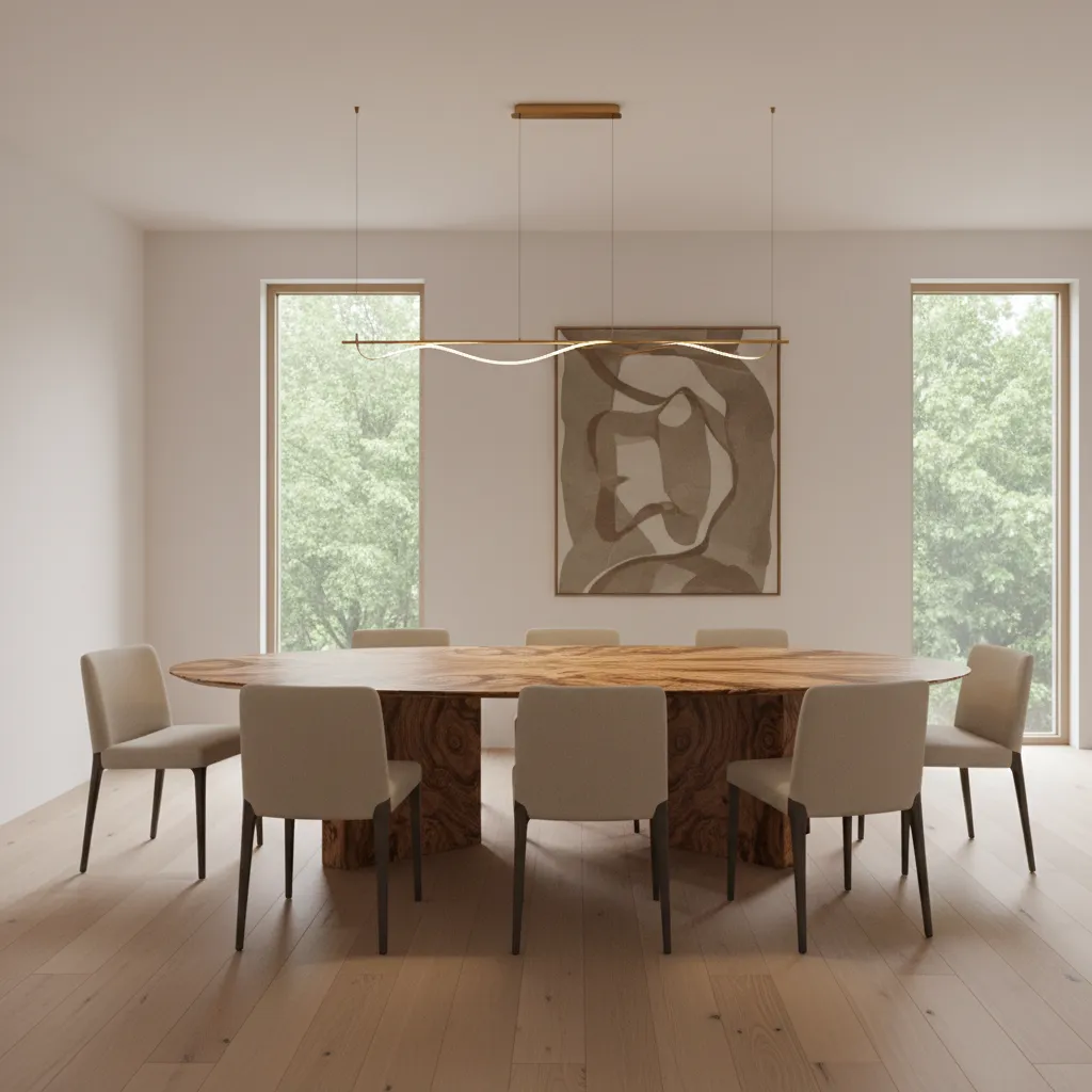 Linear pendant lighting highlighting burl dining table grain