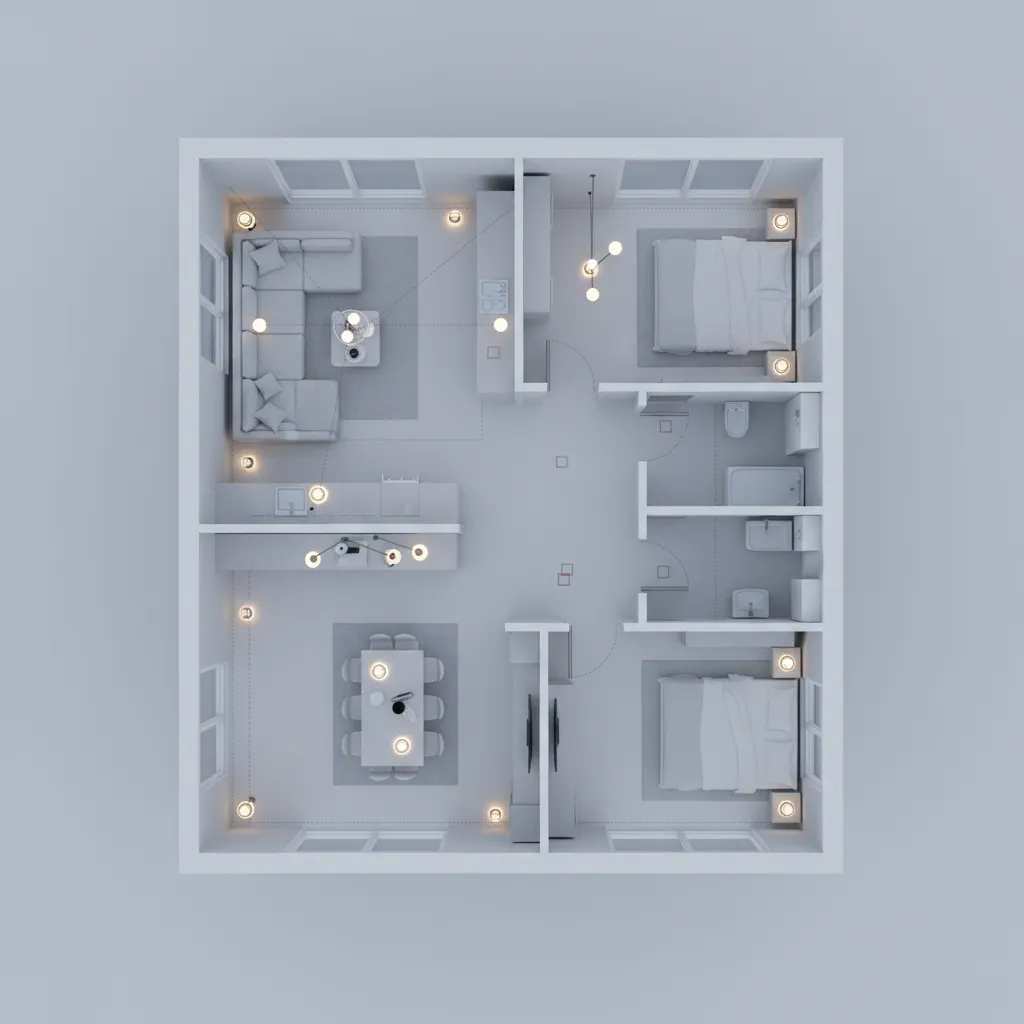 Top view 3D home layout design showing two bedrooms living area kitchen and bathroom with lights