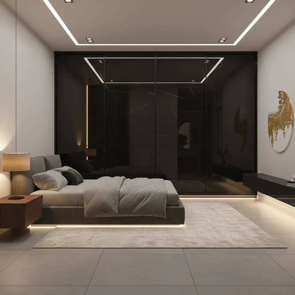 Bedroom lighting reflecting across black mirrored closet doors