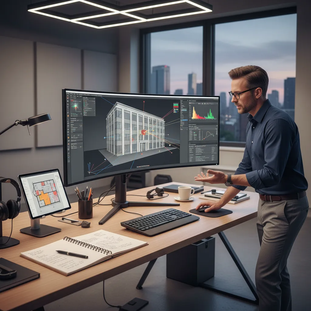 Lighting engineer analyzing simulation results for building lighting design