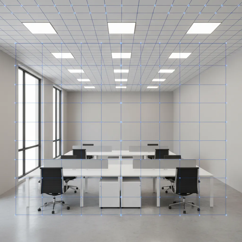 3D lighting simulation model of interior space showing luminaires and calculation grid