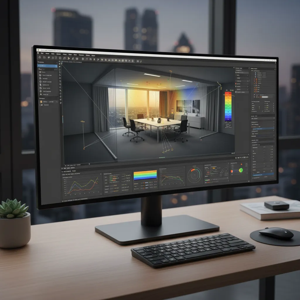 Lighting simulation software showing lux calculation results in a digital room model