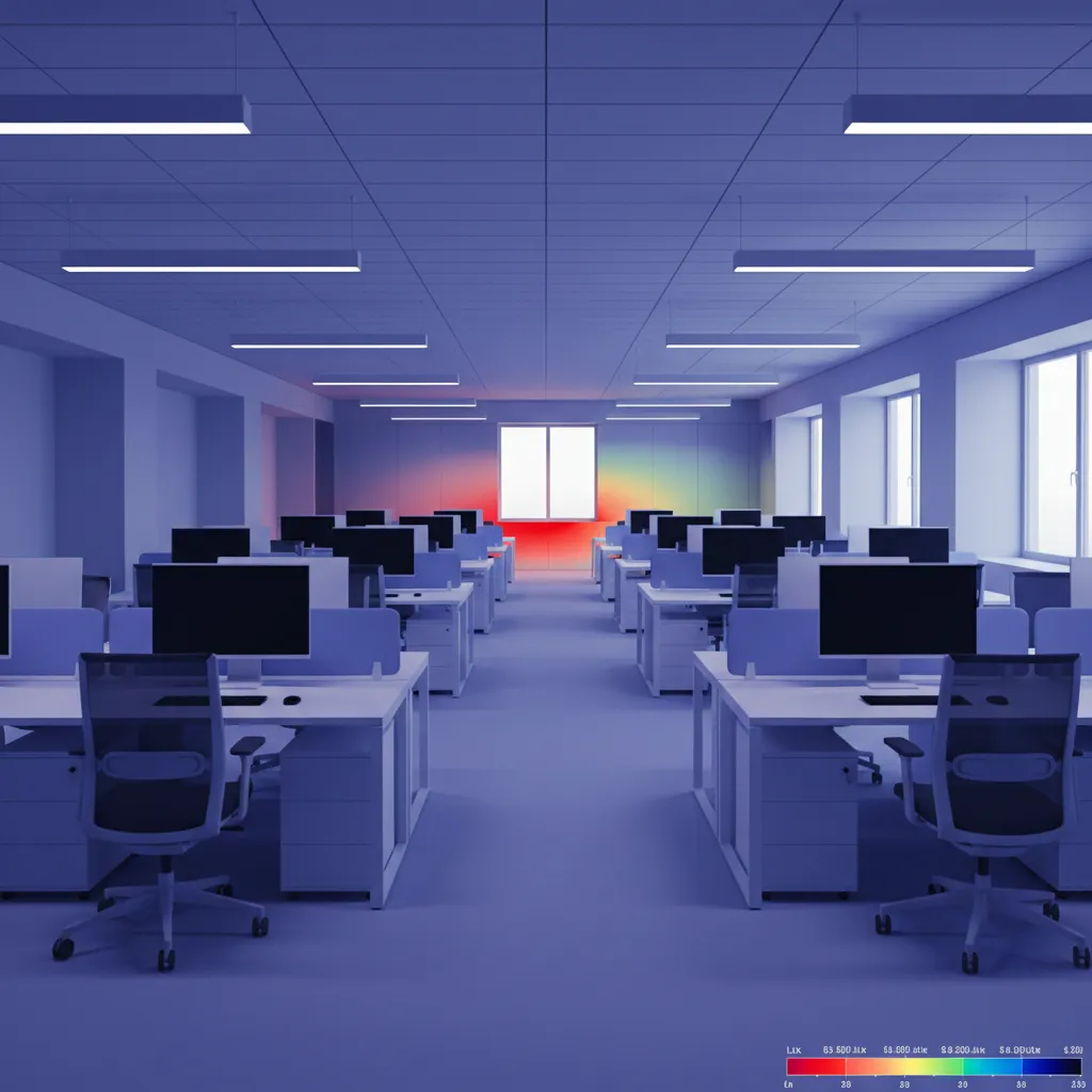 Lighting simulation heatmap overlay in office environment showing illumination levels