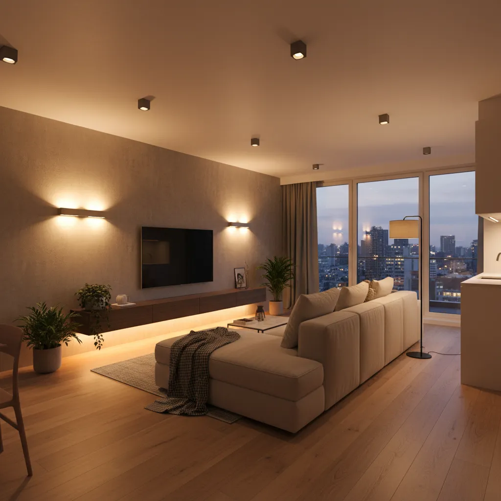Cozy living room with warm wall lights, ceiling lights, sofa, wooden floor, and city view