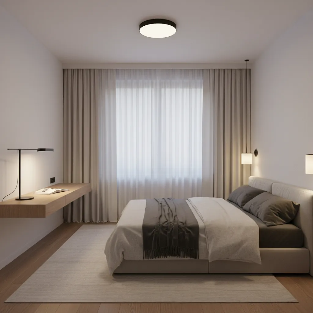 Layered lighting design in a small bedroom
