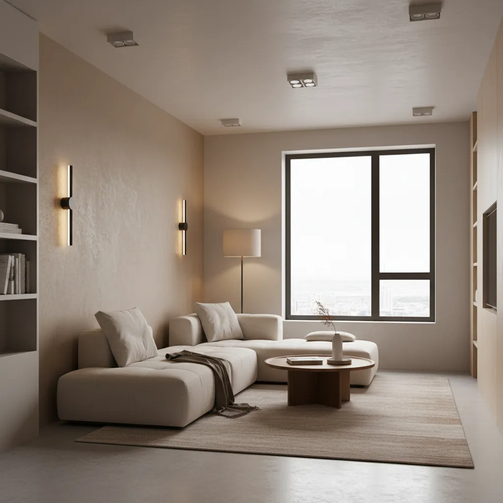 Small room with layered lighting including wall sconces floor lamp and window light