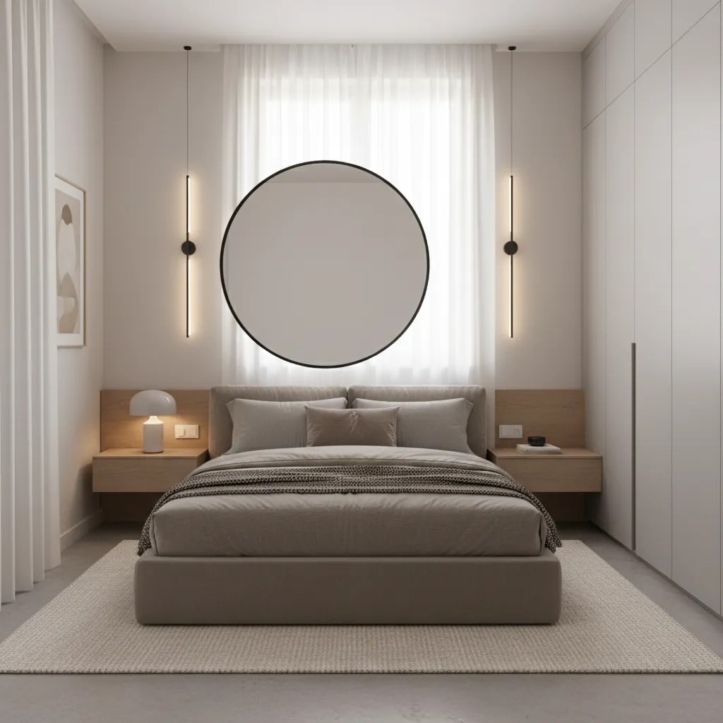 Small bedroom using mirrors and layered lighting to appear larger