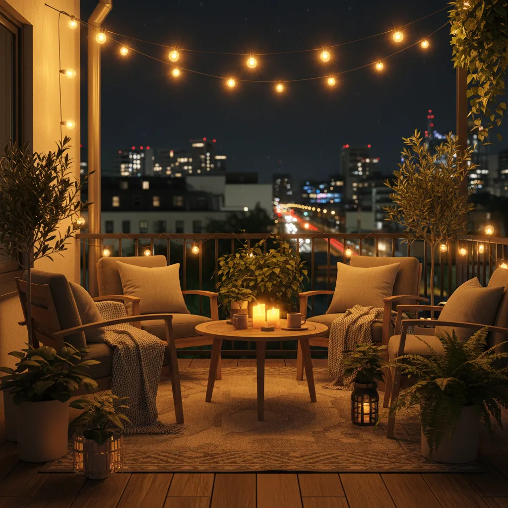 iluminación cálida en una terraza pequeña por la noche