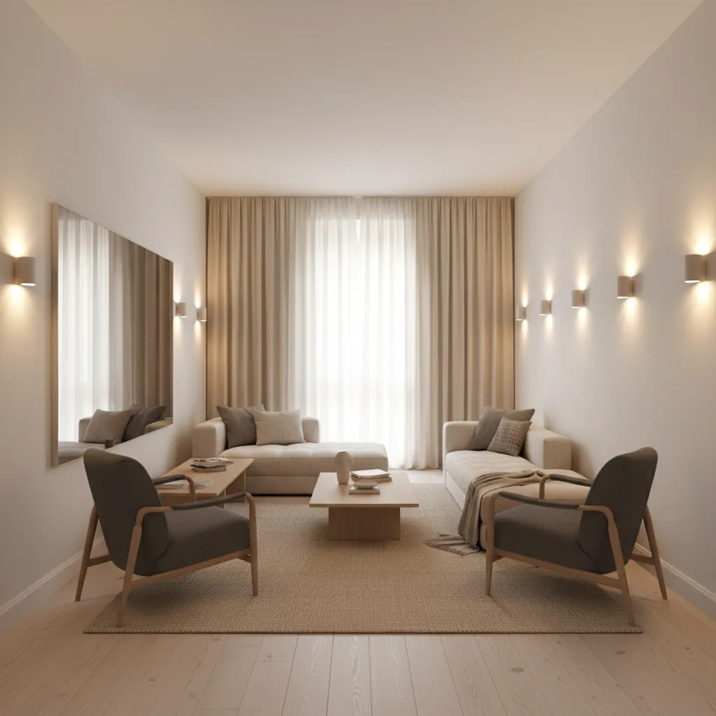 Long narrow living room using wall sconces and mirrors to visually widen the space