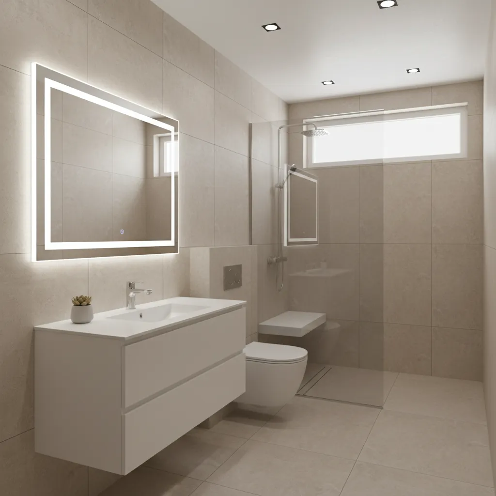 Bright small bathroom with large mirror and LED lighting