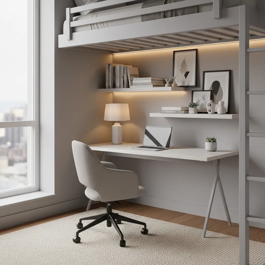 Modern bedroom workspace under loft bed with white desk grey chair and warm shelf lighting