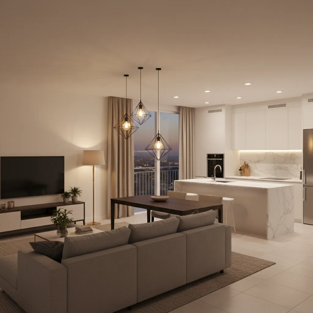 Pendant lights and floor lamps separating zones in open concept home