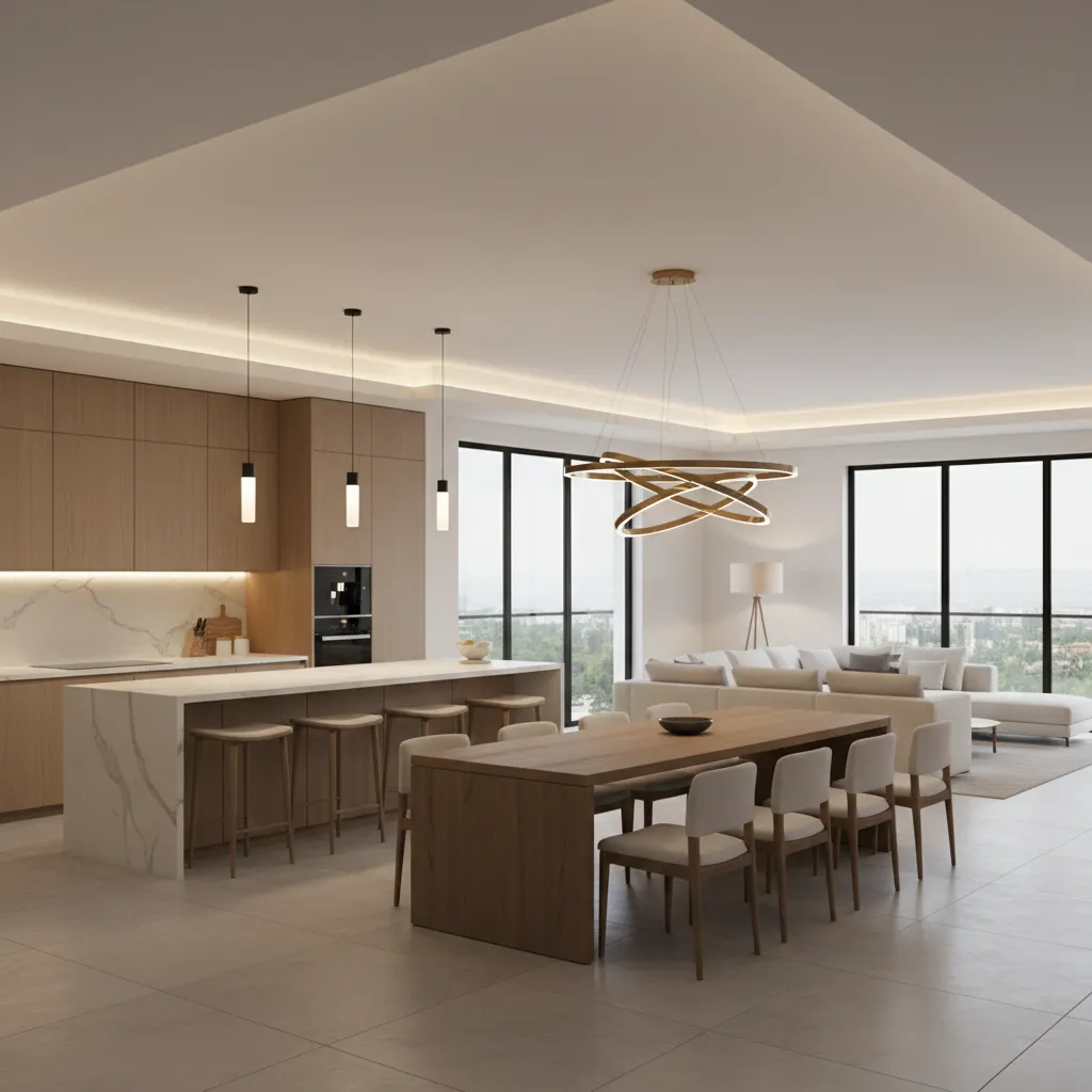 Layered lighting separating kitchen dining and living zones
