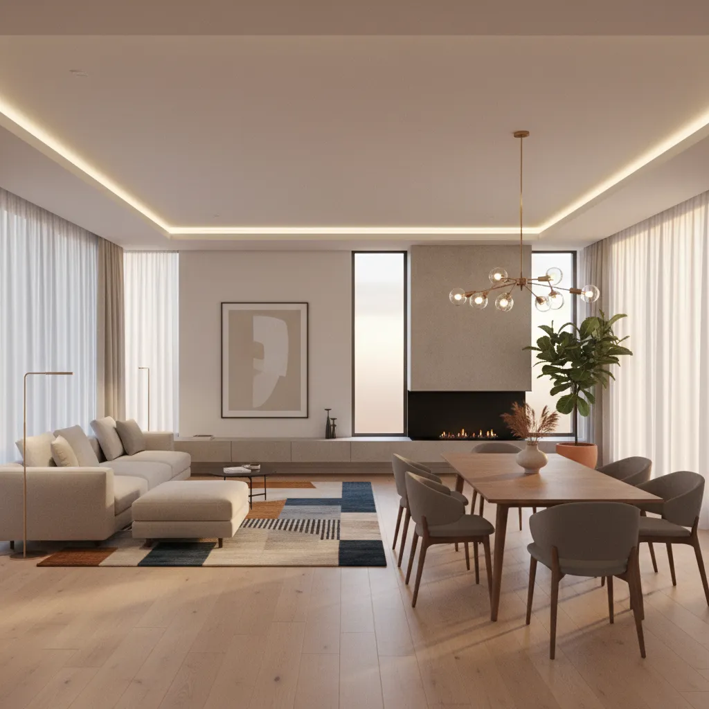 pendant lighting defining dining area in open living room