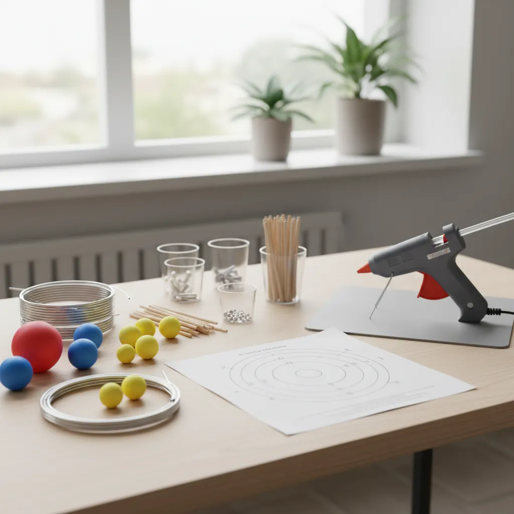 foam balls and craft wire used for lightweight 3D atom model materials