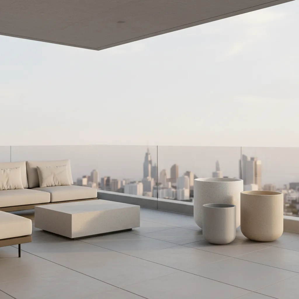 Collection of lightweight fiberglass and resin planters on balcony