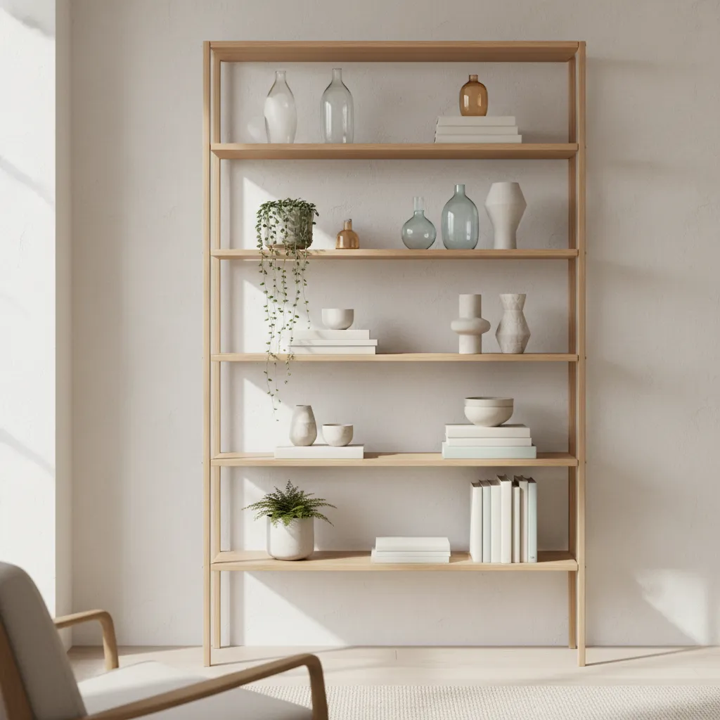 Minimalist decorative bookshelf using plants glass decor and light colored books