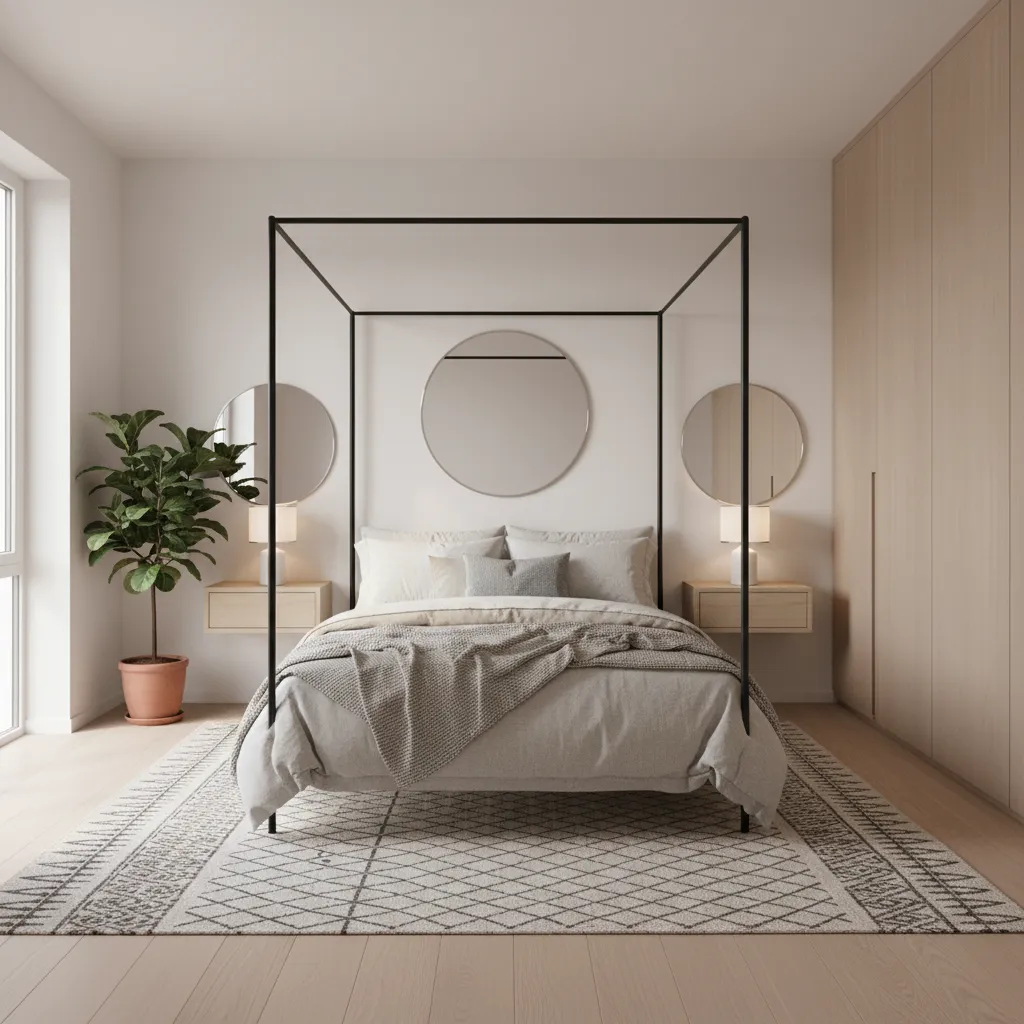 modern lightweight canopy bed with thin metal frame in small bedroom