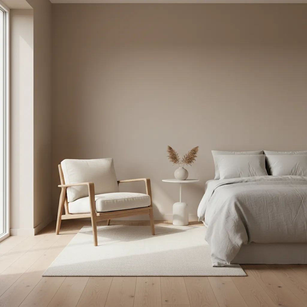 Lightweight accent chair with open legs in a minimalist bedroom