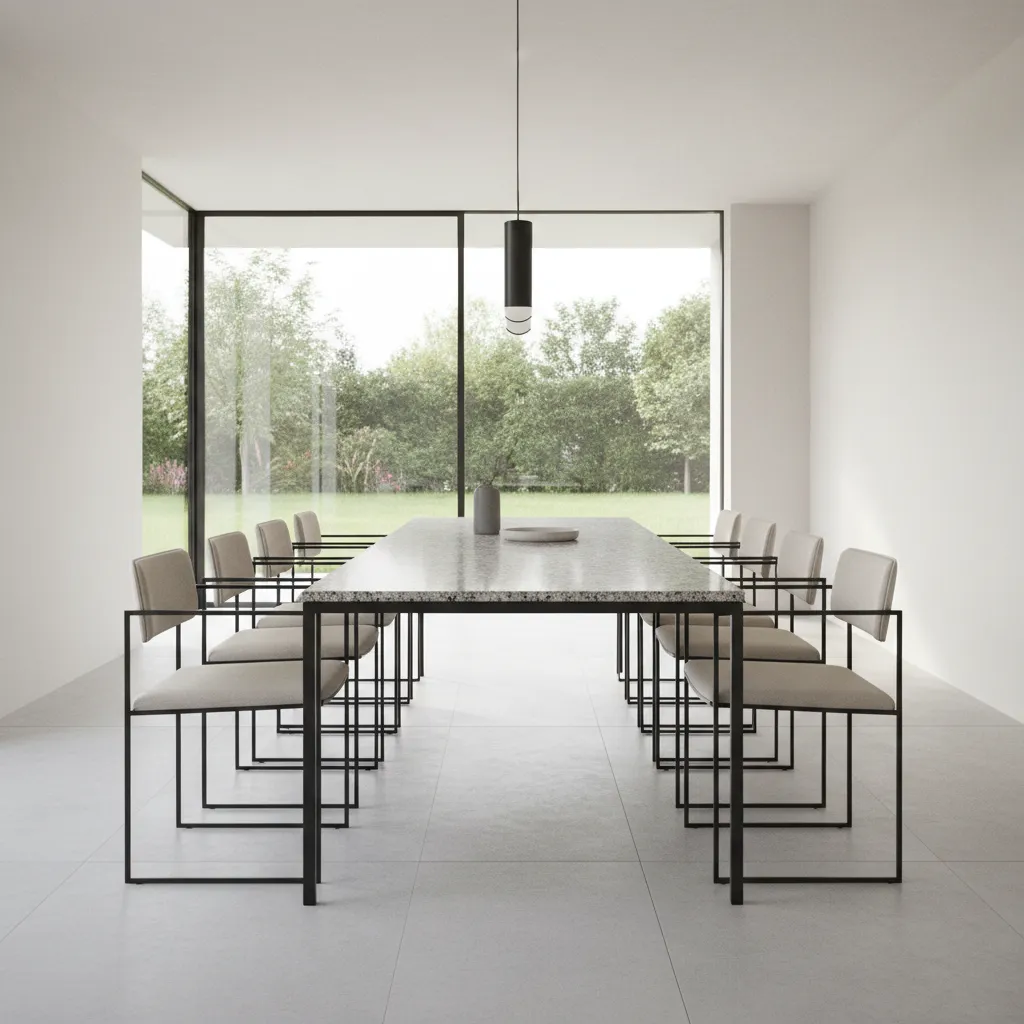 Open frame dining chairs paired with heavy granite table