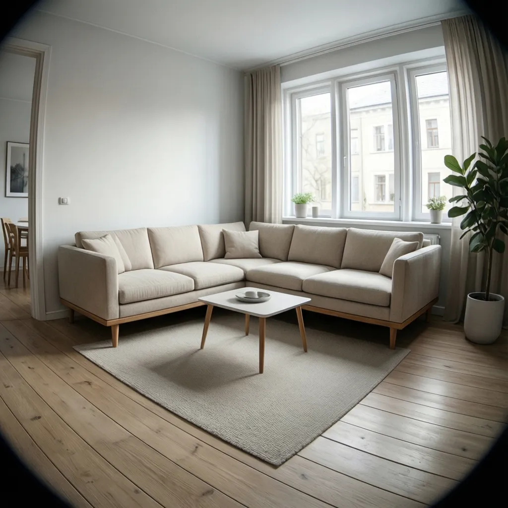 Light neutral corner sofa with raised legs in small living room