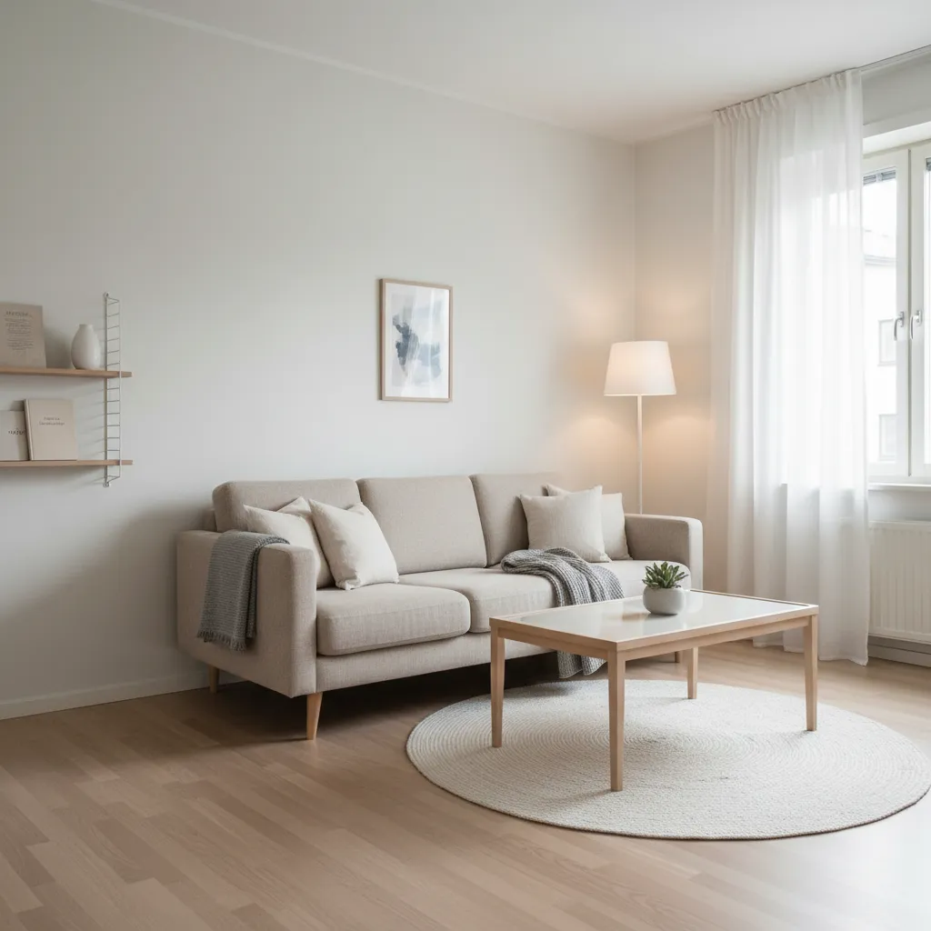 Muebles ligeros con patas visibles en un salón pequeño moderno